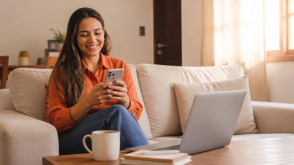 Mulher sorrindo trabalhando no celular em casa